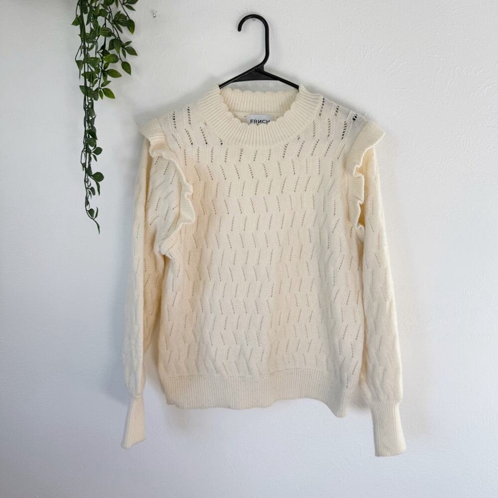 FRNCH Paris Valeria Ruffle Shoulder Pointelle Sweater Sz M